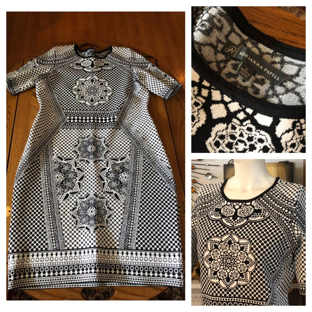 ADRIANNA PAPELL ART DECO Black & White Knit Dress